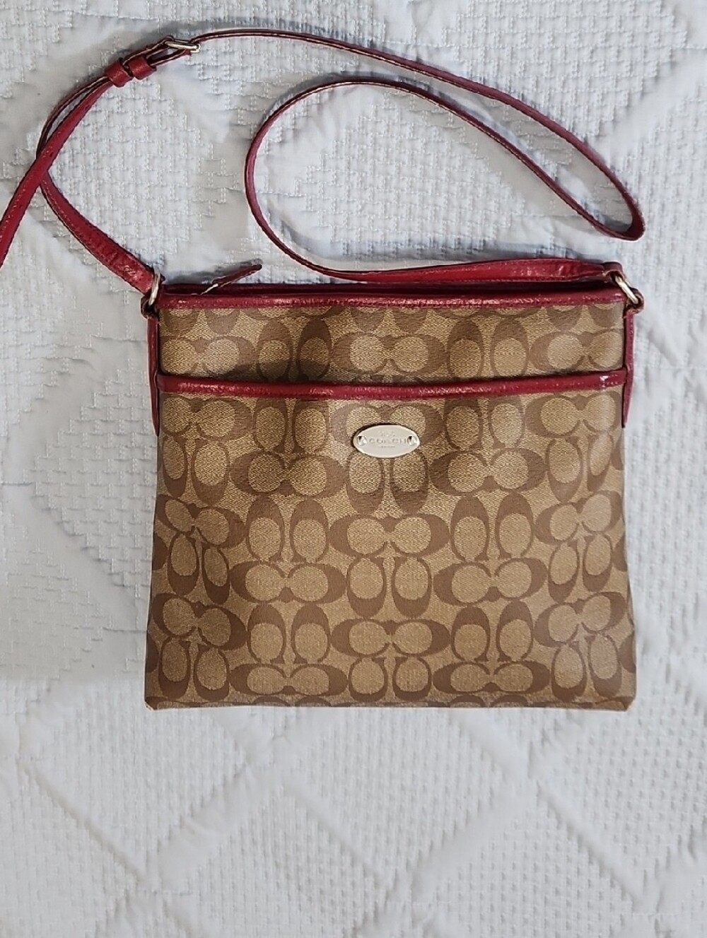 Authentic Coach Brown Signature Crossbody with Red Trim